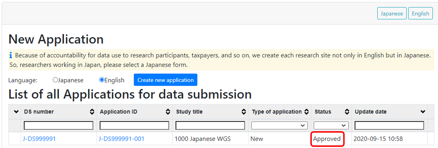 Approval of data submission application