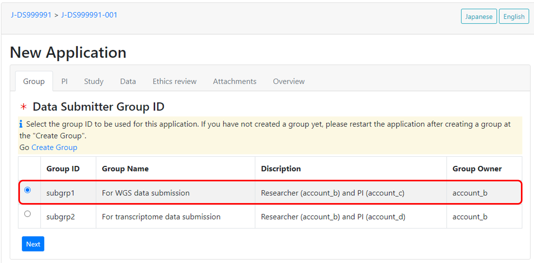 Select the data submitter group
