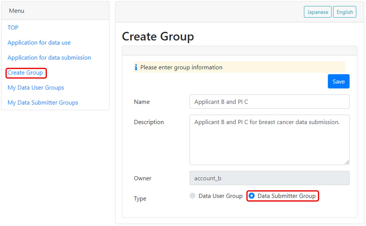Create a data submitter group