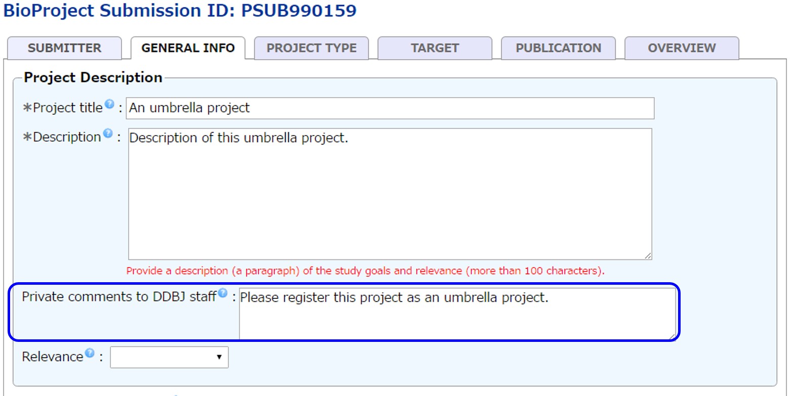Tell DDBJ staff that submitting project is umbrella