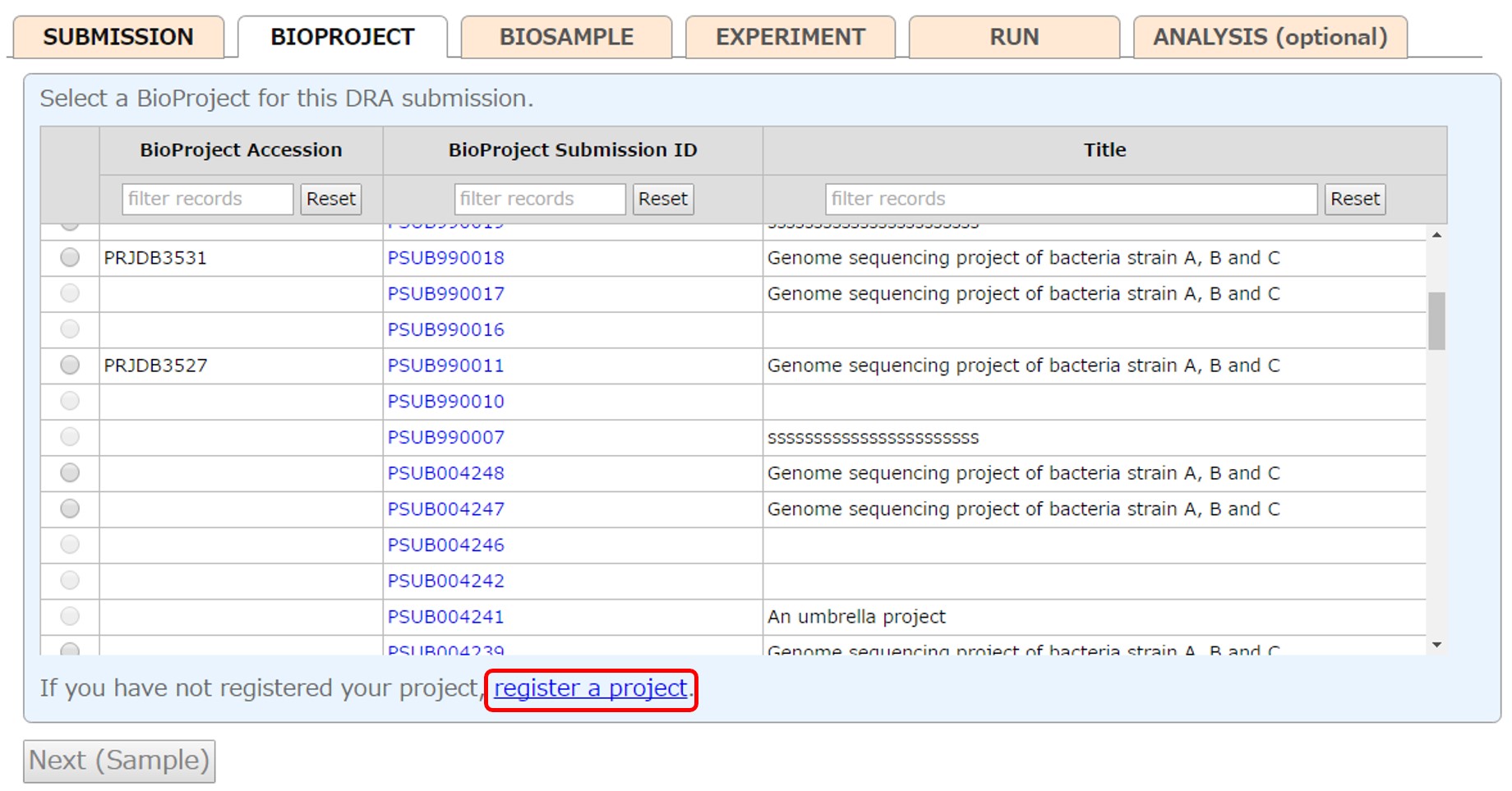 Submit a new BioProject or select submitted one