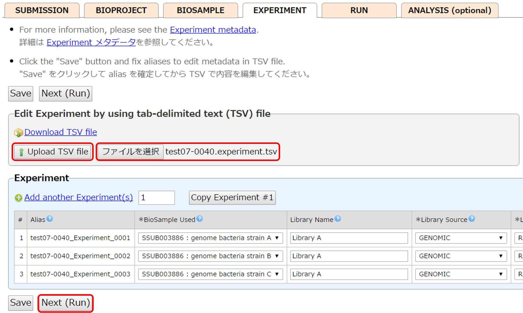 Upload Experiment in a tab-delimited text file