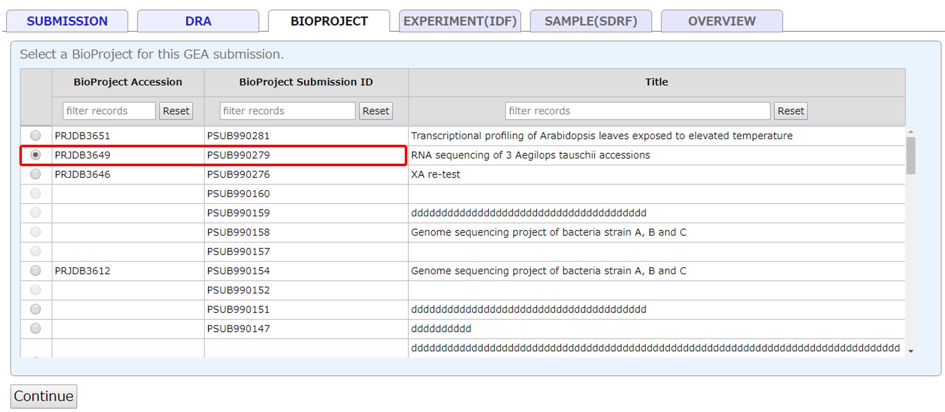 Select a BioProject for the GEA experiment