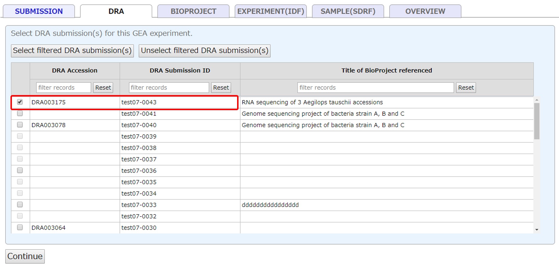 Select a DRA submission for the GEA experiment