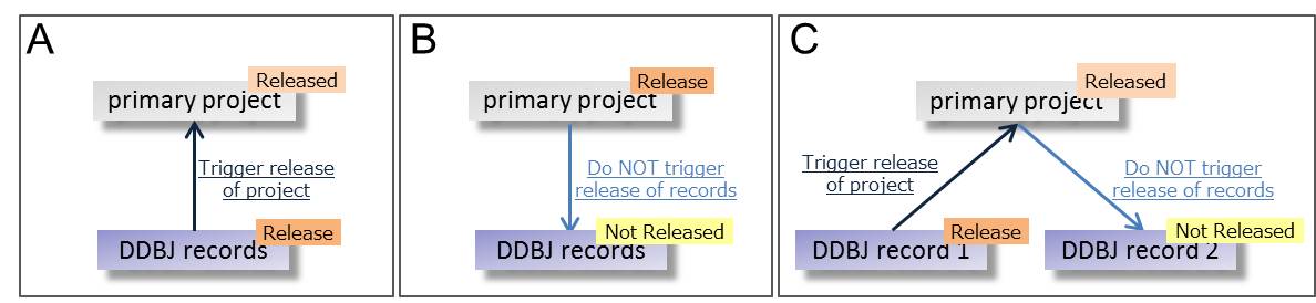 Triggering of data release between primary projects and data records.